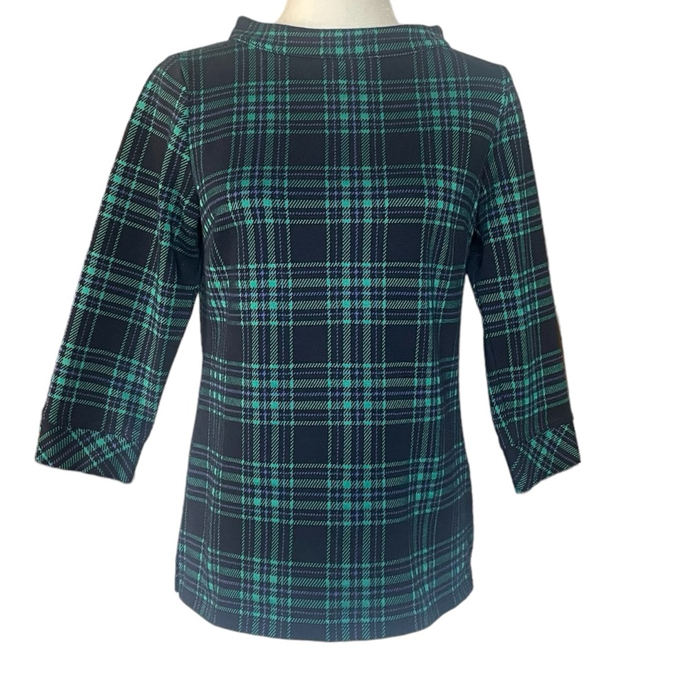 Talbots Blue & Green Plaid 3/4 Sleeve Heavy Weight Stretch Knit Top Back Zip S